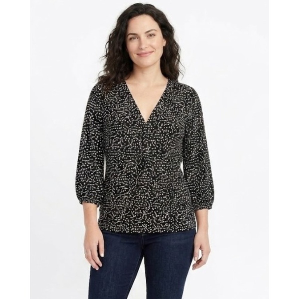 Talbots size Large Black Tan‎ Polka Dot Stretch Knit Surplice Wrap Top Office